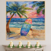 Watercolor Painting of a Colorful Surfboard on Beach at Sunset with Palm Trees on Ready to Hang 1.5" Thick Canvas Wrap, Floating Framed Canvas, Flat Rolled Canvas